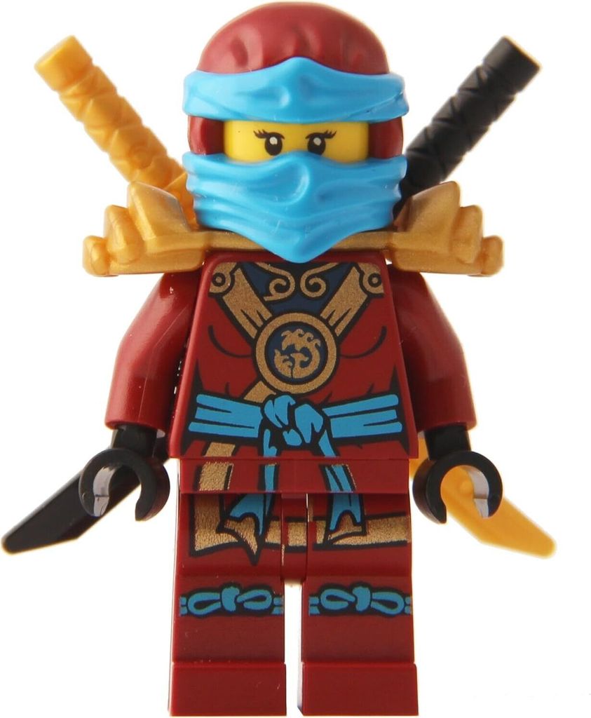 A LEGO Ninjago Nya minifigure with two katanas.