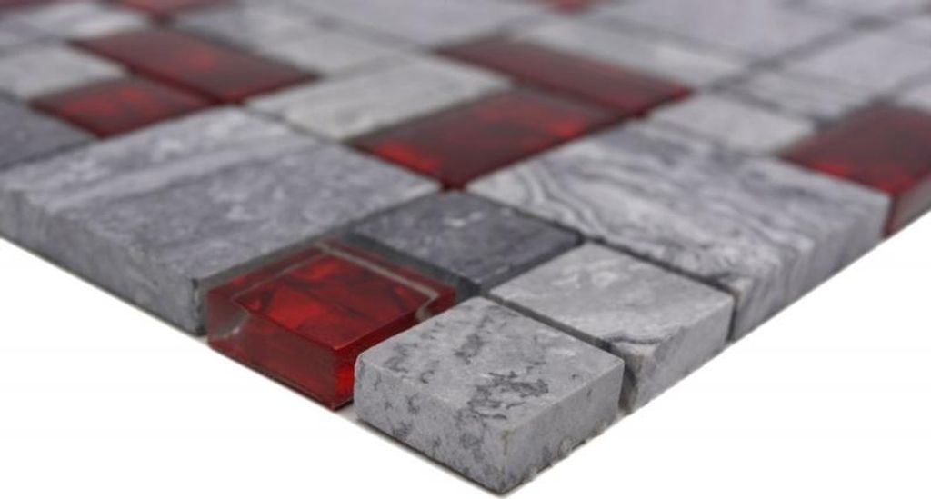 Handmuster Naturstein Glasmosaik grau mit rot glänzend Wand Boden Küche Bad Dusche - MOS88-0409_m
