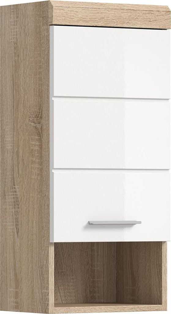 Badezimmer Hängeschrank, 37 cm breit, in Sonoma Eiche mit weiß Hochglanz - SIROCO-158
