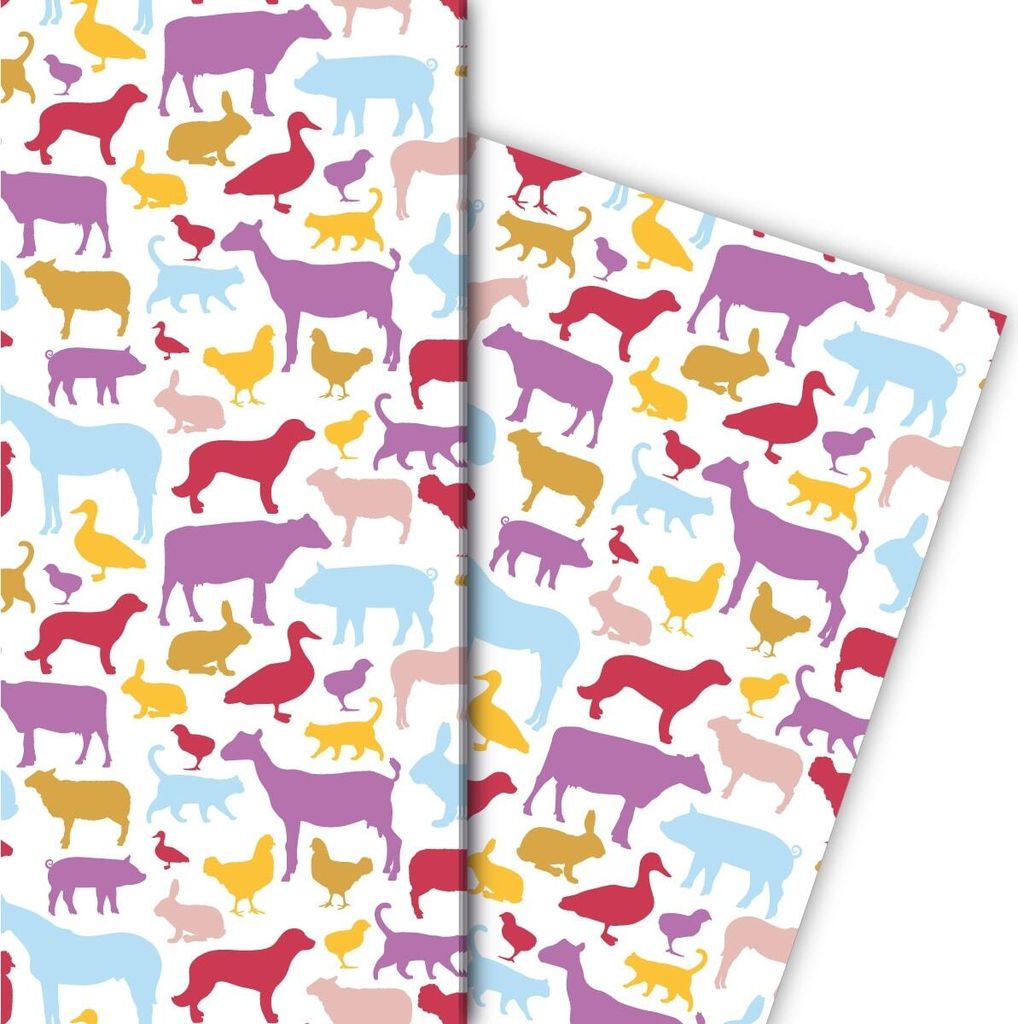 Buntes Bauernhof Geschenkpapier mit vielen Tier Silhouetten, lila - G8102, 32 x 48cm