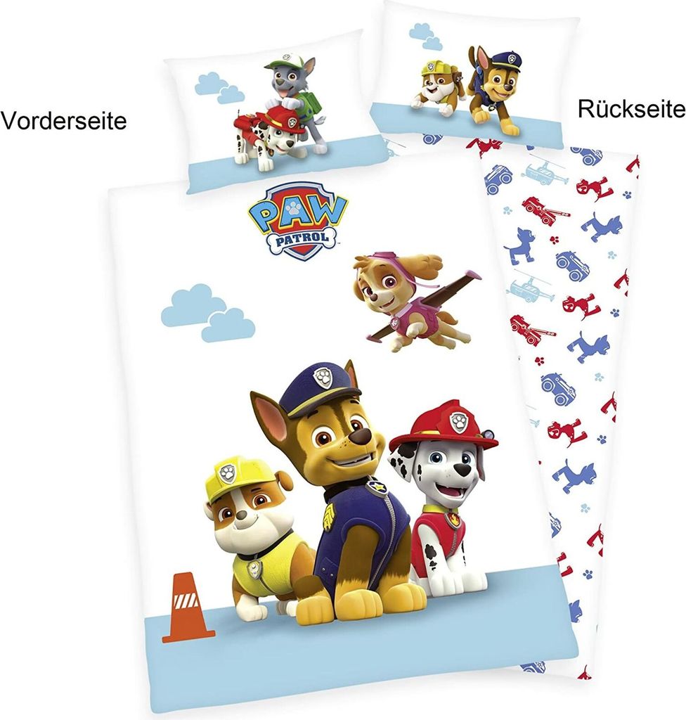 A Paw Patrol themed duvet cover and pillowcase set displayed flat, with some decorative elements and text.