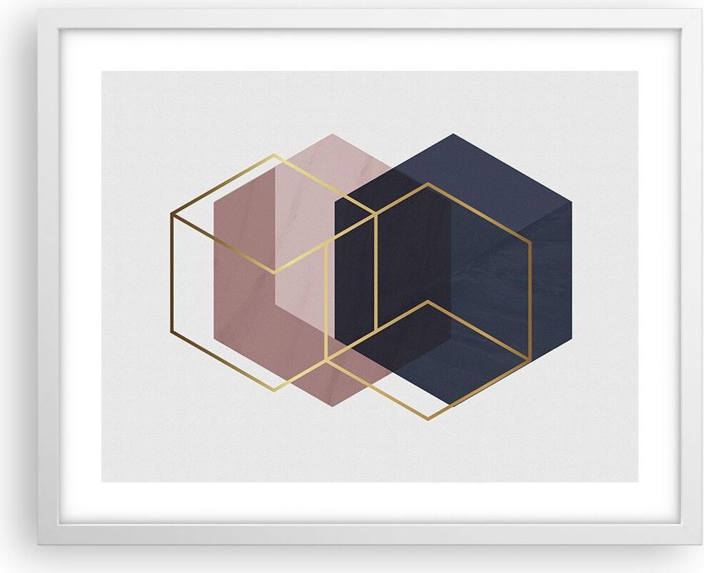 Gerahmtes Poster - Weißer Rahmen - Sechsecke Modern Gold - 50x40 cm - Wand Bild - Wanddeko - Wandbilder - Kunstposter - Wandposter - Bilderrahmen ...