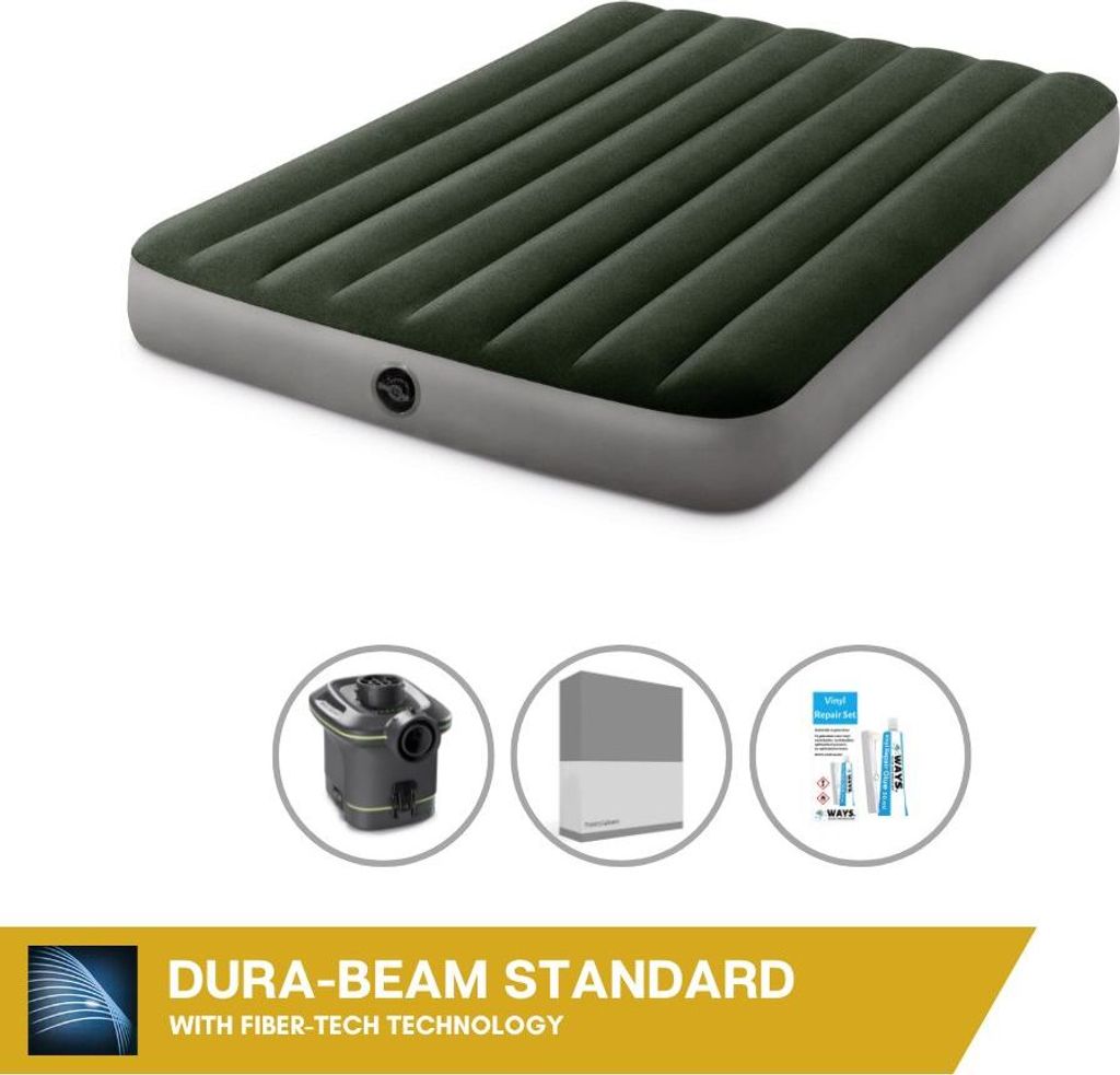Intex Luftbett - 2 Personen - 137 x 191 x 25 cm - Grün - Mit Pumpe + Spannbettlaken Anthrazit + Reperaturset