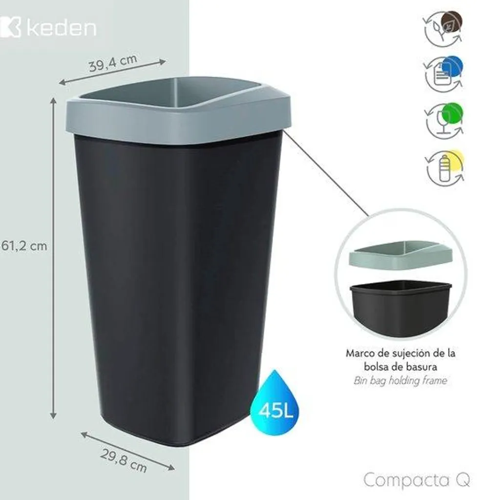 Conteneur de tri sélectif 45 litres gris pour cuisine et bureau Pro