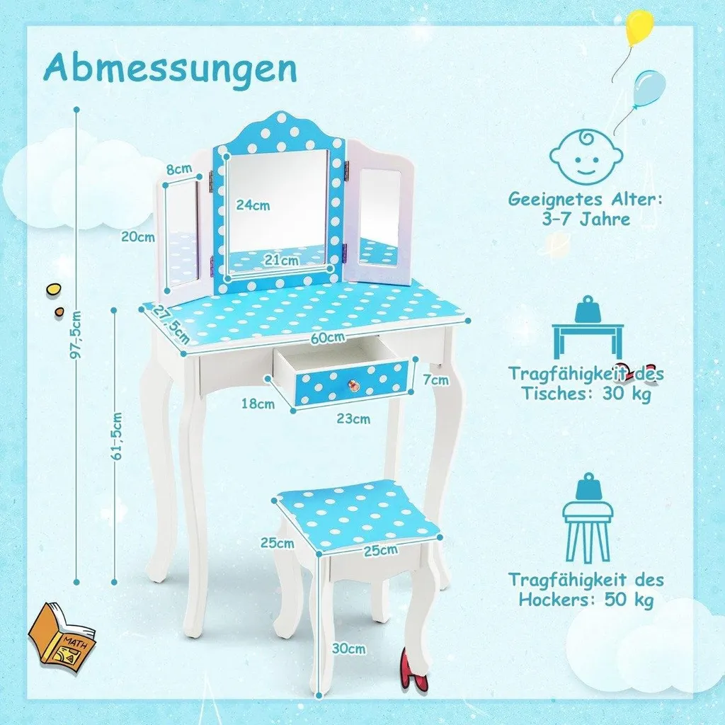 Coiffeuse enfant 2 en 1 avec tabouret et miroir triptyque à pois bleu