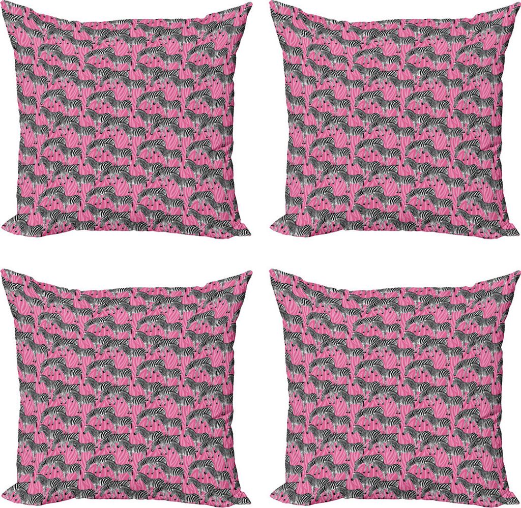 ABAKUHAUS rosa Zebra Kissenbezug Set (4 Stück), Wilde Tiere Pastell, Moderner Doppelseitiger Digitaldruck, 40 cm x 40 cm, Weiß-Schwarz-Rosa