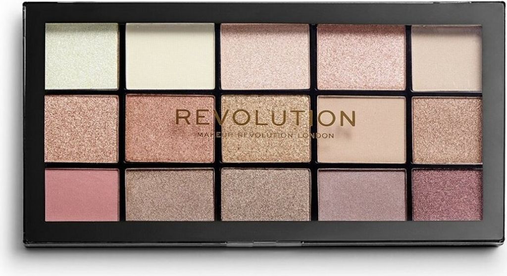 A top-down view of an open eyeshadow palette with 16 shades.
