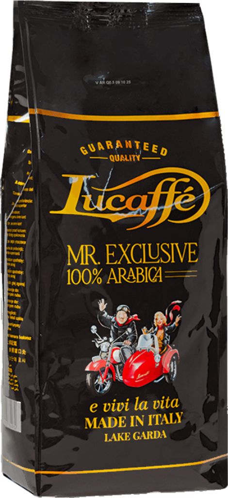 A black bag of coffee beans with branding and an illustration of people on a scooter.