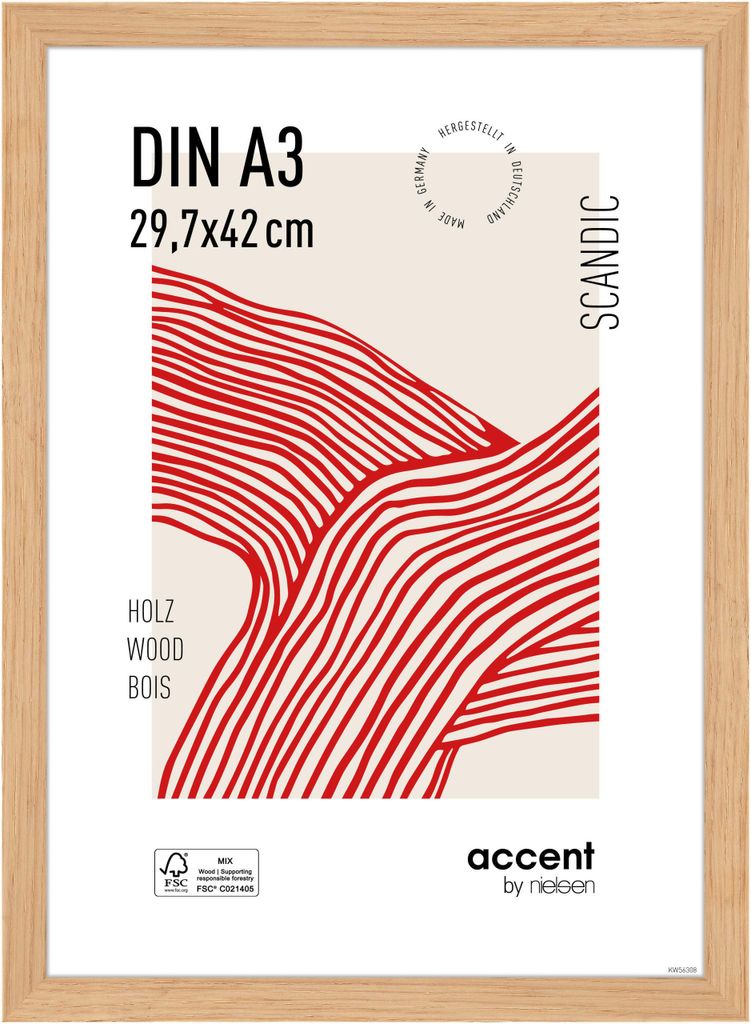 A framed picture of a wooden picture frame with a red and white abstract design inside.