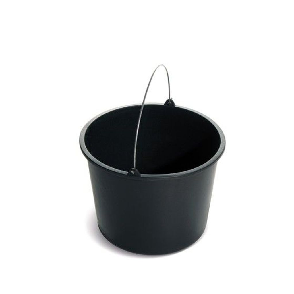 A black bucket with a metal handle is shown against a white background.