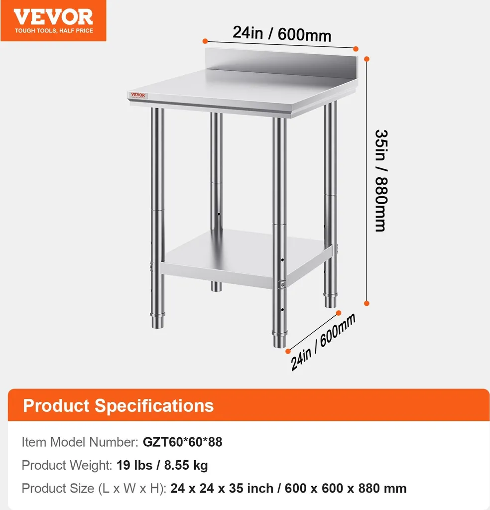 Piano di lavoro in acciaio inox 60 cm x 60 cm Tavolo per la preparazione dei cibi con alzatina per la preparazione dei pasti, il cucito, il lavaggio, l'artigianato, l'uso in garage, ecc. - 7