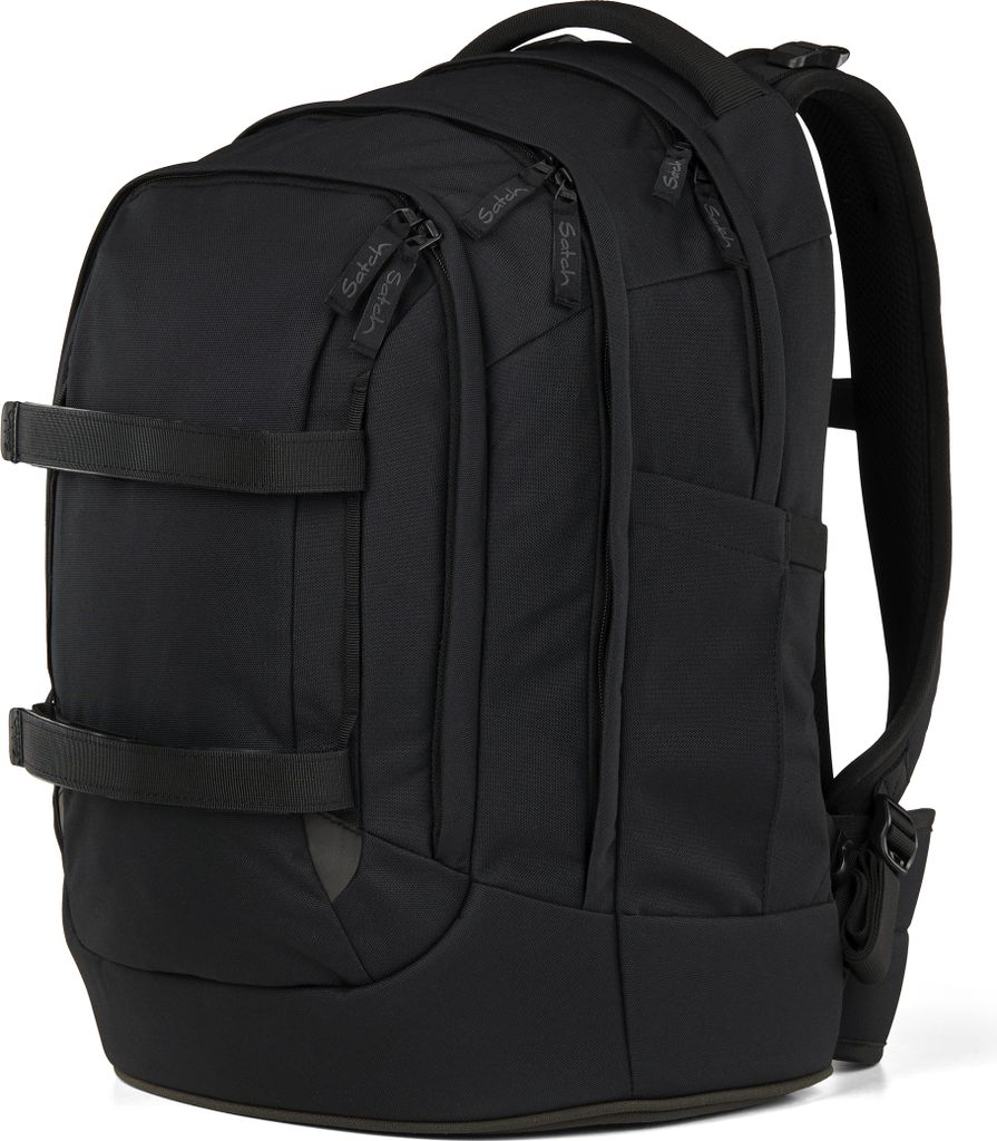 A black satch Pack backpack shown from a three-quarter front angle against a white background.