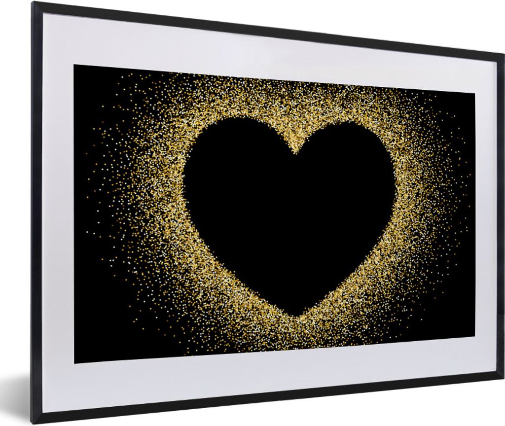 MuchoWow Gerahmtes Poster Goldenes Herz auf schwarzem Hintergrund 60x40 cm - Poster mit Schwarzem Bilderrahmen Wandposter Rahmen Foto Bilder - Sc...