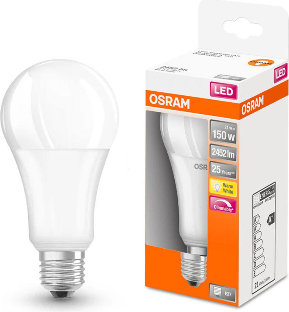 A product shot of an Osram LED light bulb next to its packaging.