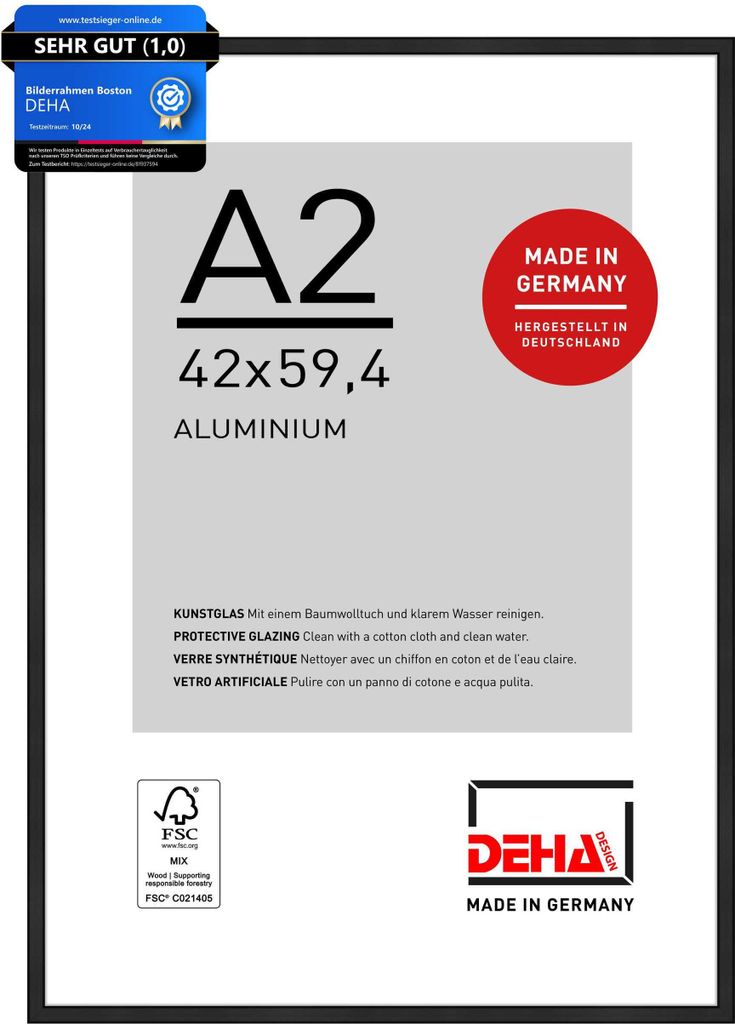 A product shot of a picture frame with product details and certifications.
