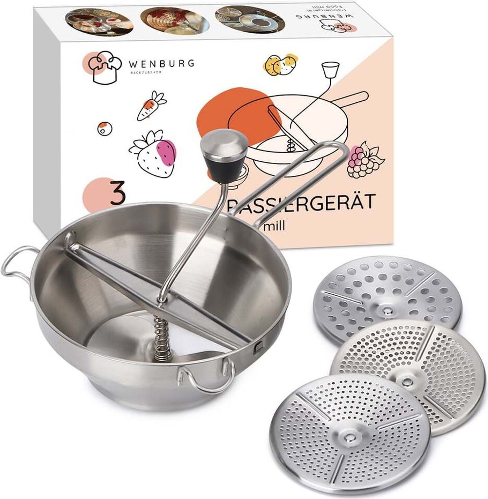 A stainless steel food mill and its accessories displayed with its packaging.