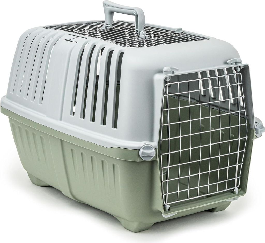 Hondetransportbox aus Kunststoff mit Metallgitter - 585 x 355 x 40 cm Transportbox mit praktischem Schließsystem und Tragegriff Geeignet für Katz...