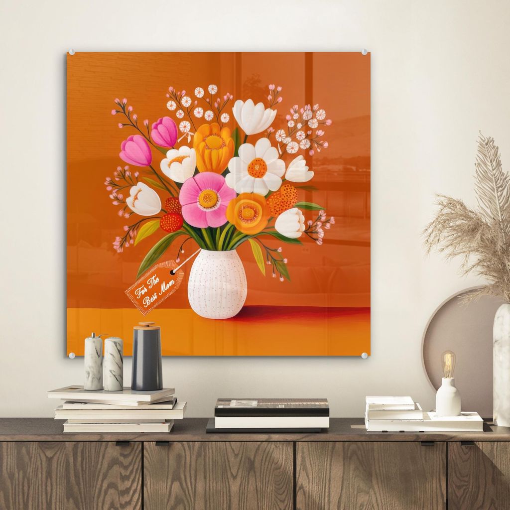 MuchoWow Glasbilder - Bilder auf Wandbild - Foto auf Glas Vase - Blumen - Orange 50x50 cm Wanddekoration aus Glas - Acrylglasbild - Acrylbilder - W...