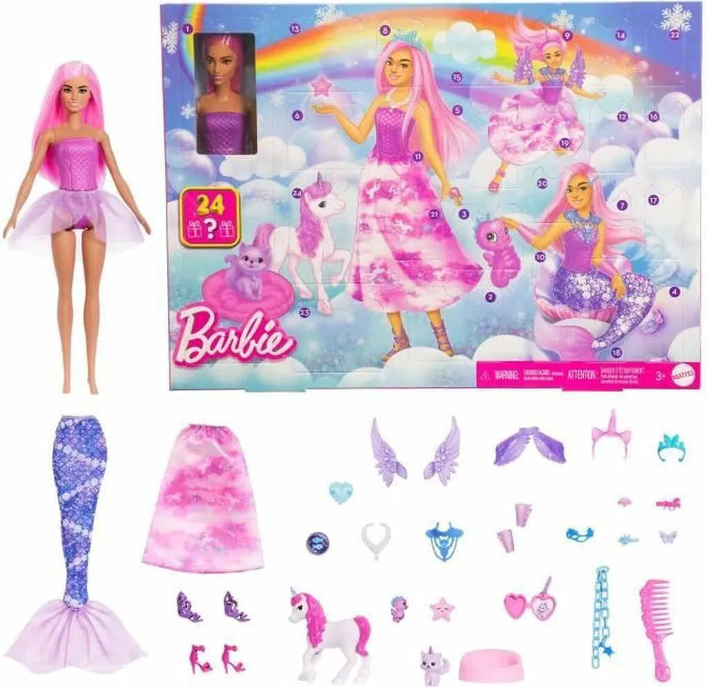 Calendrier de l'Avent Barbie 2024 avec Poupée et 24 Accessoires de Mode