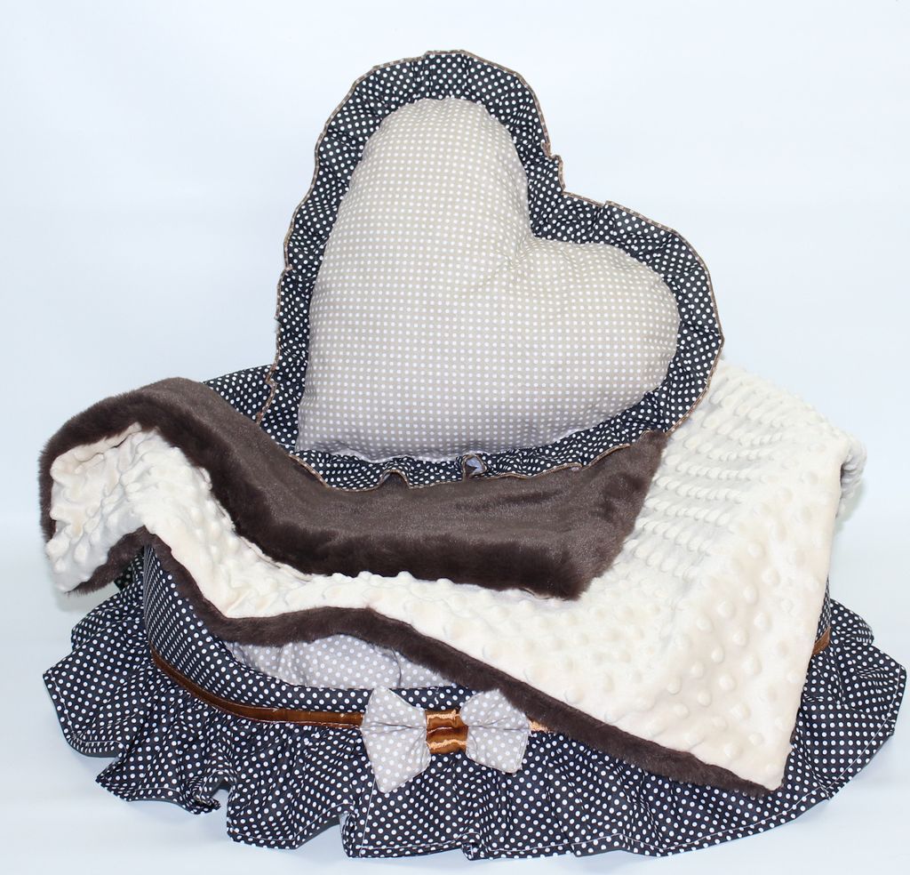 Hundebett Katzenbett mit Herz Kissen und Decke Hunde Katze Kissen Hundekorb Katzenkorb - Schleife Braun