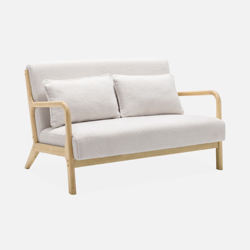 sweeek - Skandinavische 2-Sitzer-Bank aus Holz mit Teddy Bouclé-Bezug - Creme