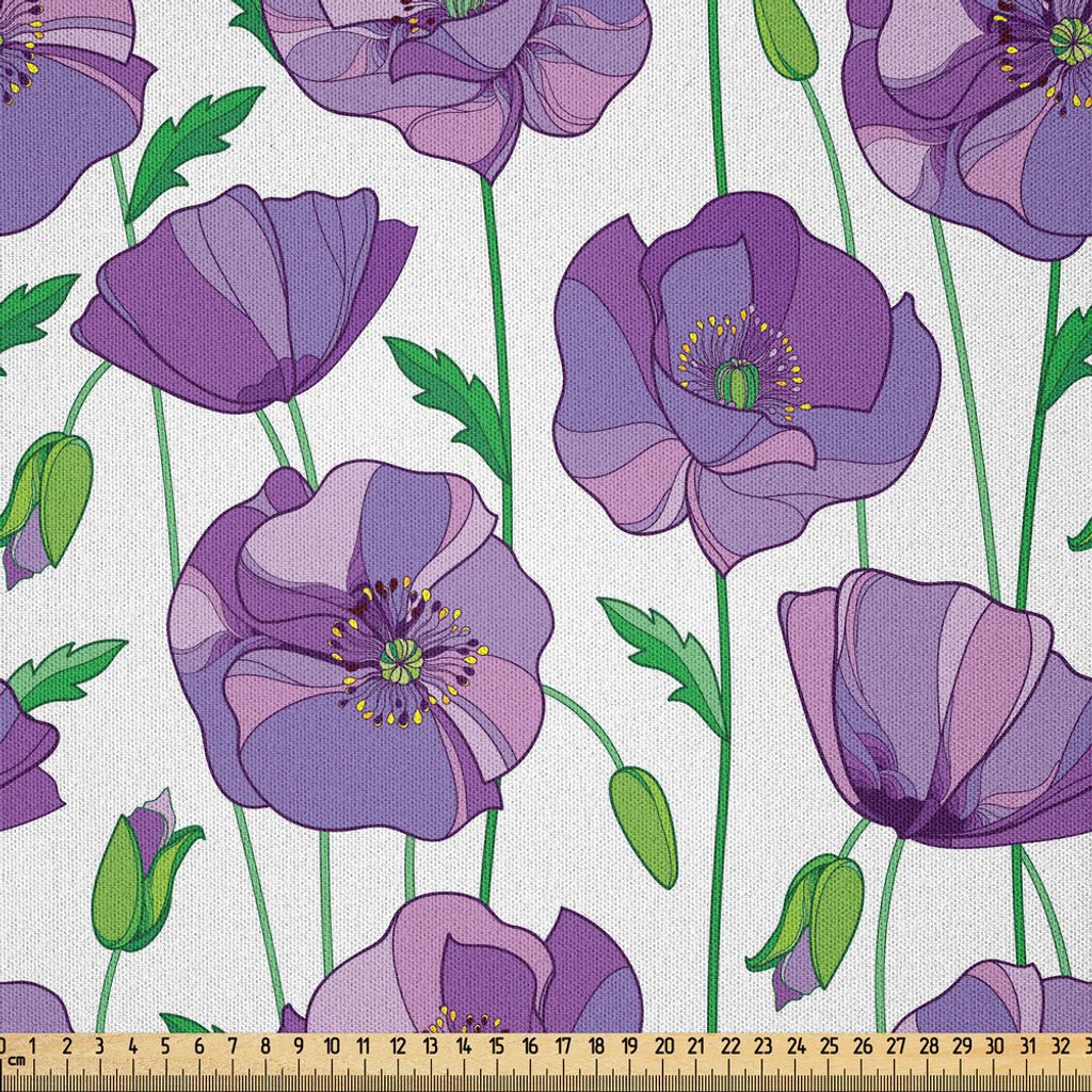 ABAKUHAUS Mohn Microfaser Stoff als Meterware , Künstlerische Illustrated Knospen und Blüten von einem Frühling Pflanze mit grünen Blättern Ga...