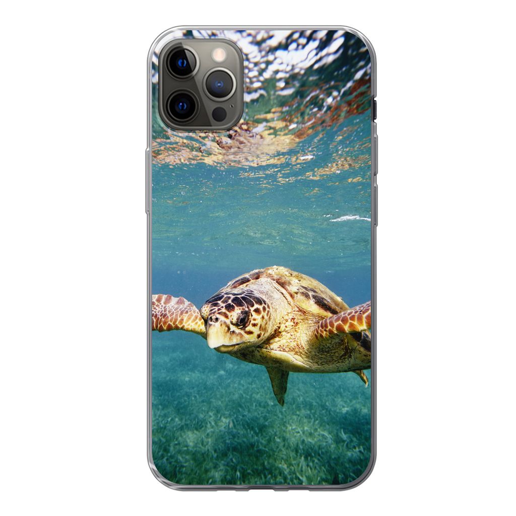 MuchoWow Handyhülle Schutzhülle Hülle für iPhone 13 Pro Max Schildkröte - Wasser - Blau Silikon Softcase Handy Hülle - Mobiltelefon