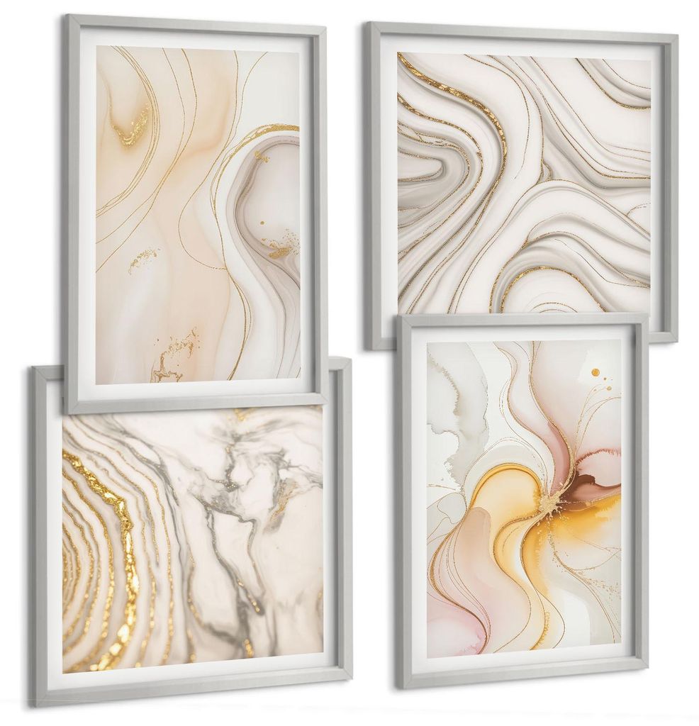 Bilder Set 4-teilig im silbergerahmten Rahmen – Wandbilder 4 Stück – gerahmte Poster für Wohnzimmer, Schlafzimmer und Flur – 50x50 cm - 40x...