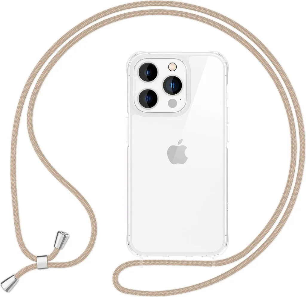 Catenella per cellulare NALIA per iPhone 16 Pro Max – Custodia ibrida trasparente e cinturino da 160 cm – HANGIT PRO (retro anti-ingiallimento) – Marchio di Berlino – Beige