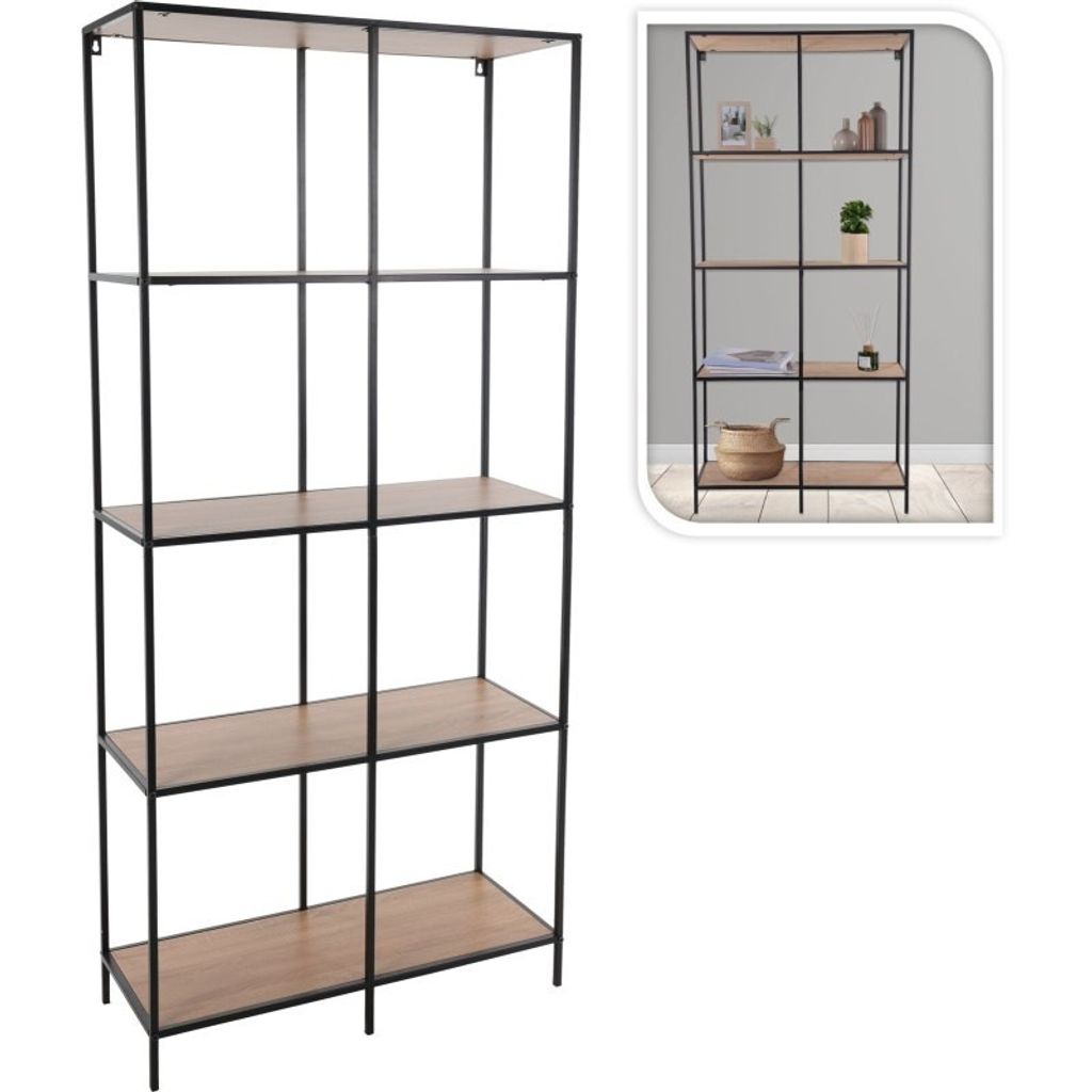 H&S Collection Wandregal mit 4 Böden 78x30x170 cm Natur und Schwarz