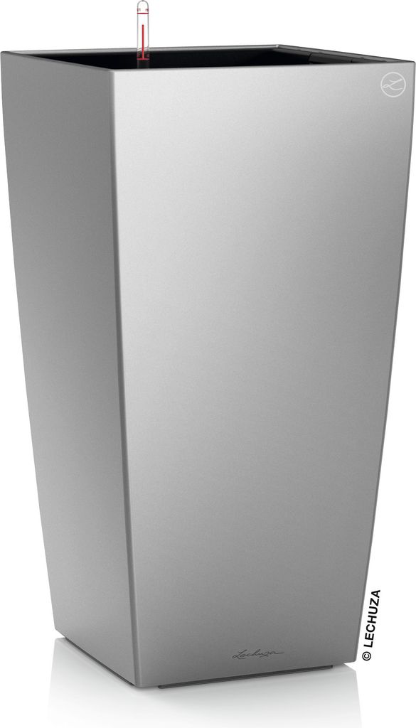 LECHUZA-Pflanzgefäß CUBICO Premium 30 Silber Metallic | Pflanzgefäß mit Bewässerungssystem | Metallic-Oberfläche | 29,5 x 29,5 x 56,5 cm | 18185