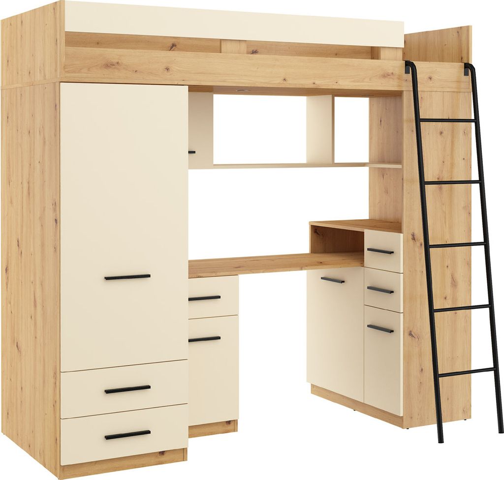 Hochbett SMYK R Etagenbett Schlafzimmer-Sets Schreibtisch Kleiderschrank Regal Artisan Eiche Creme