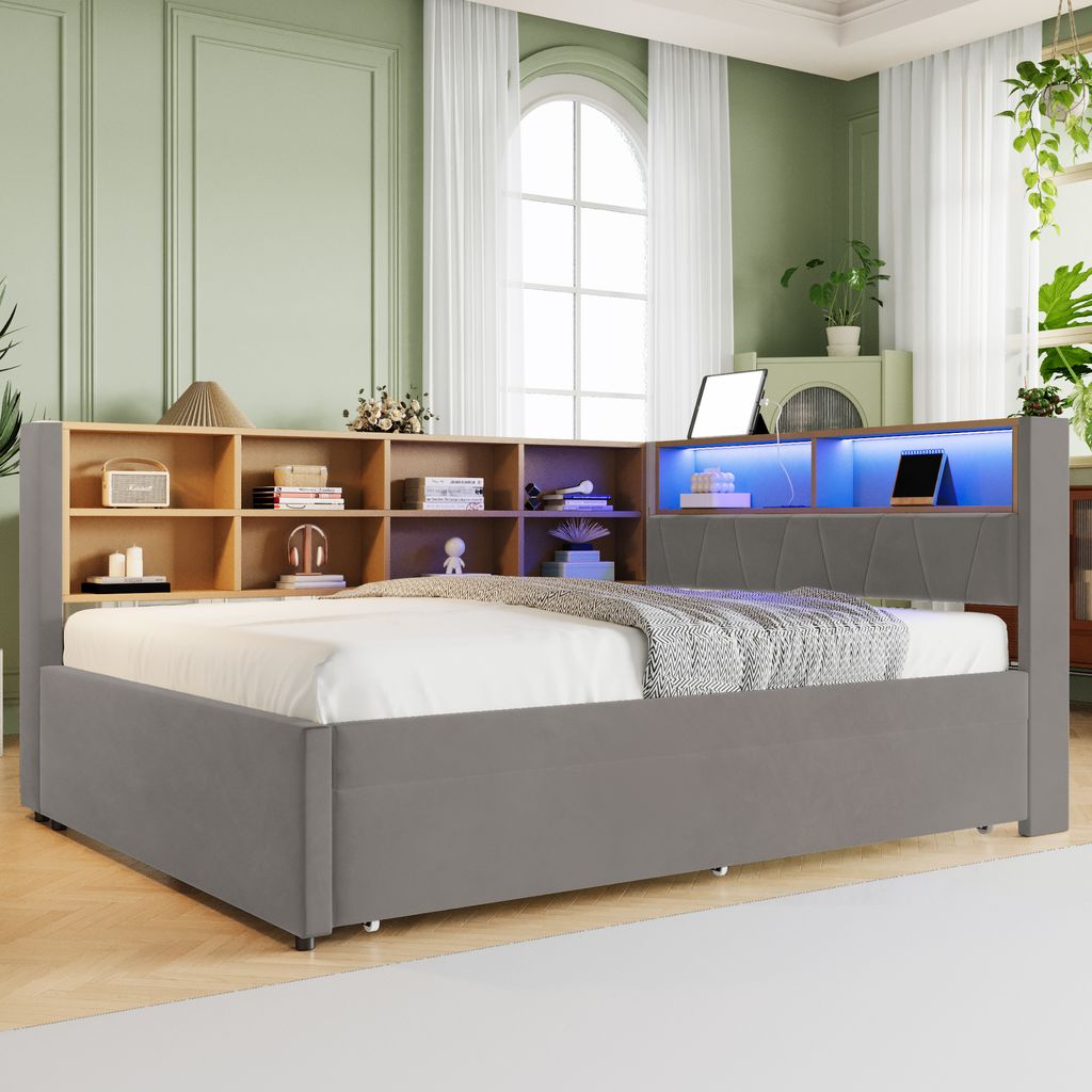 MODFU Polsterbett,Schlafsofa 140x200cm& 90x190cm, Ausziehbett mit LED Leuchten, Steckdosen und vielen Ablagefächern, Flanell,Mit Matratze, Beige