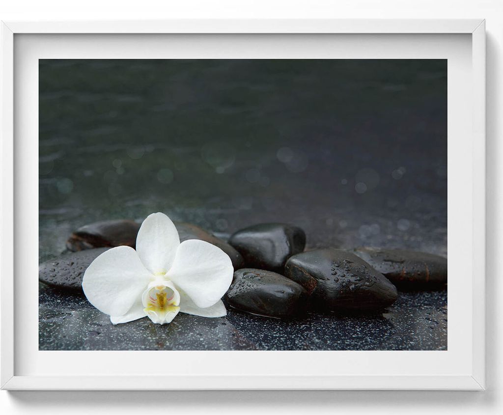 Weiße Blume Zen Steine– Wandbild mit Rahmen – Gerahmtes Bild – Wanddekoration – 80x60 cm – Weiß Rahmen
