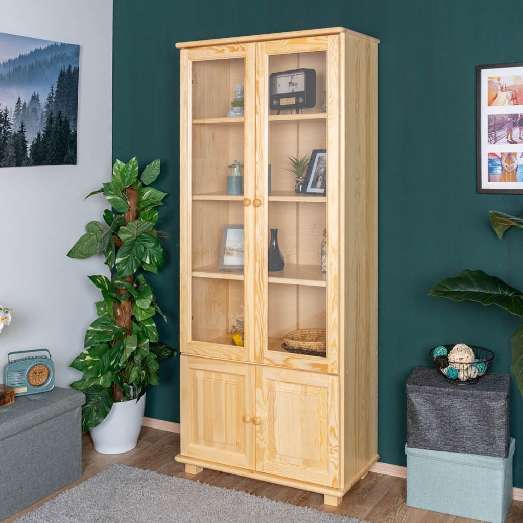 Regalschrank, Vitrine, 80 cm breit, Kiefer Holz-Massiv, Optik: Natur