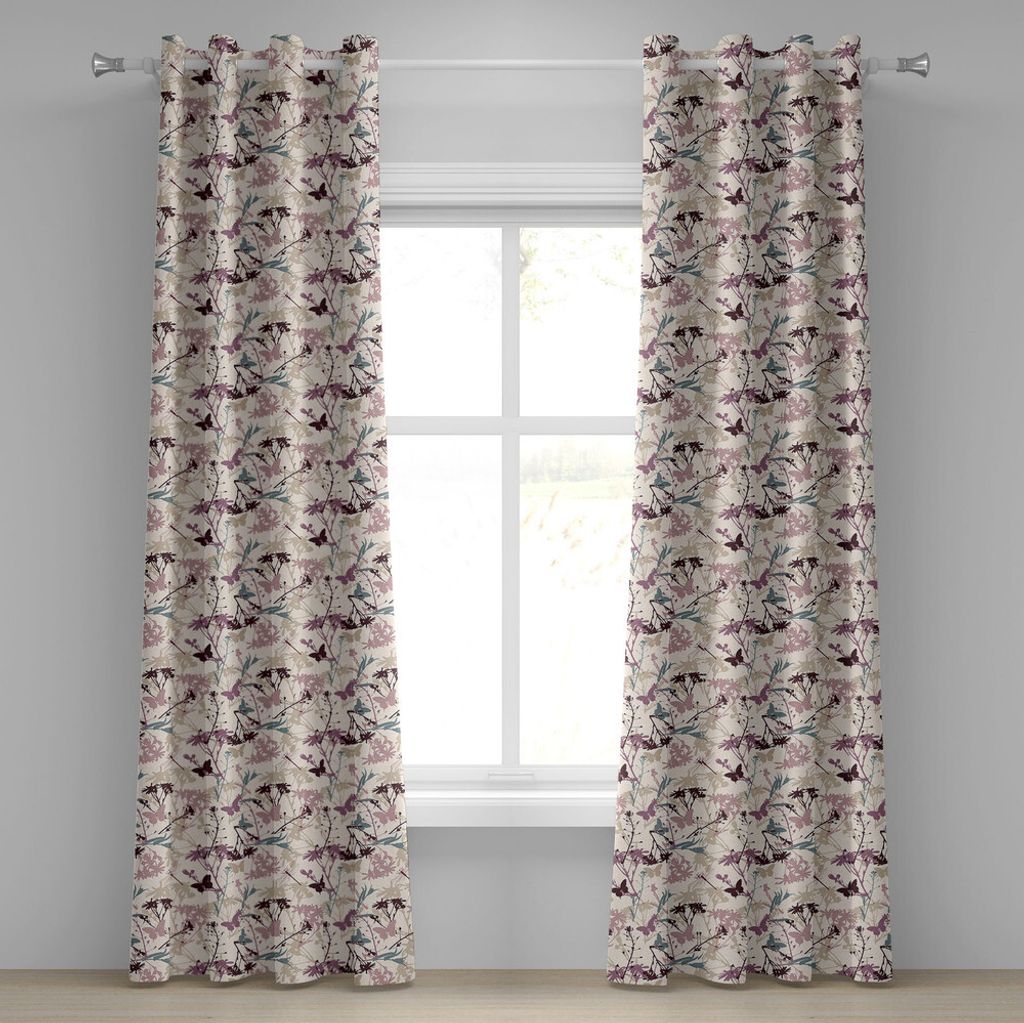 ABAKUHAUS Blumen Ösenvorhang, Schmetterling und Libelle mit Wildflowers Zusammenfassung Flora und Fauna Illustration, Dekorative 2-Panel-Fenstervo...