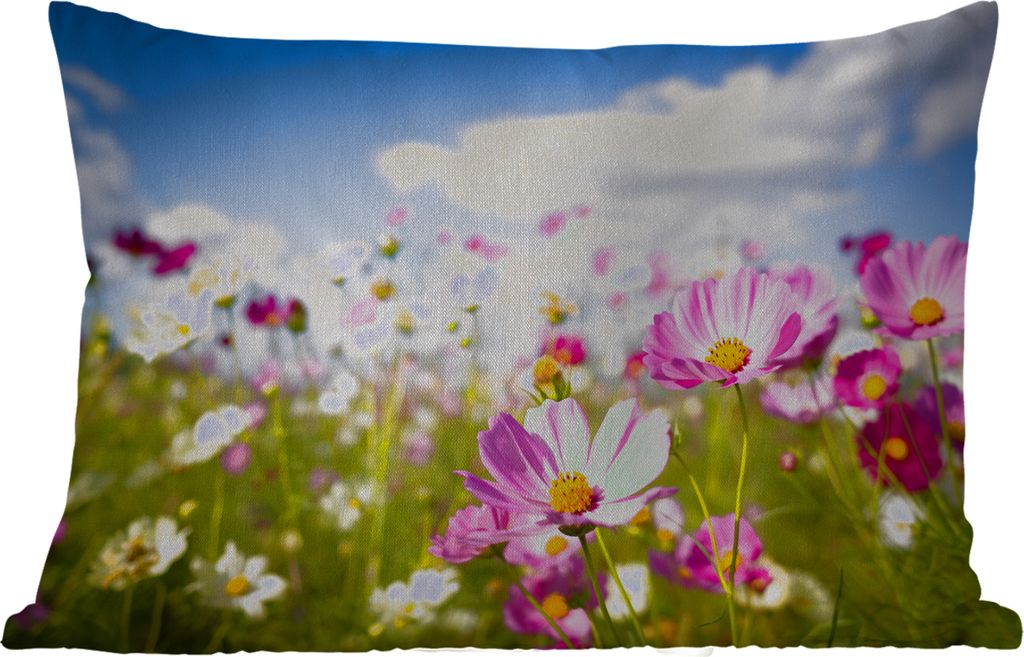 MuchoWow Outdoor Kissen - Blumen - Wiese - Lila - Gras - Weiß - Wolken - Blau - 50x30 cm - Wetterfest - Lounge Kissen - Sofa kissen - Wohnzimmer...