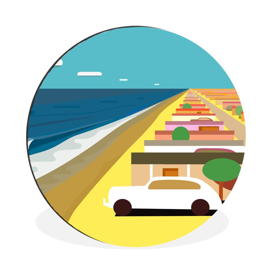 MuchoWow Aluminium Wandkreis Illustration eines amerikanischen Autos in der Nähe von Strandhäusern Ø 90 cm Wanddeko Modern Wohnzimmer - Mauerk...