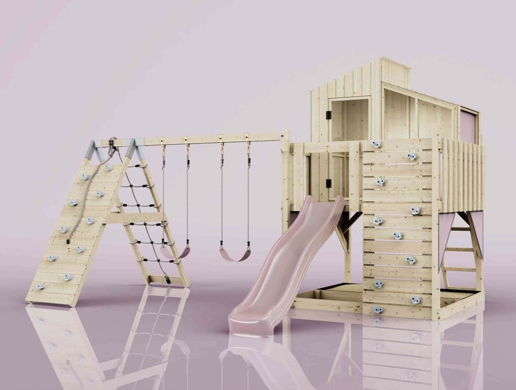 OutdoorToys Spielturm Finn aus Holz in Rosa Kinderschaukel