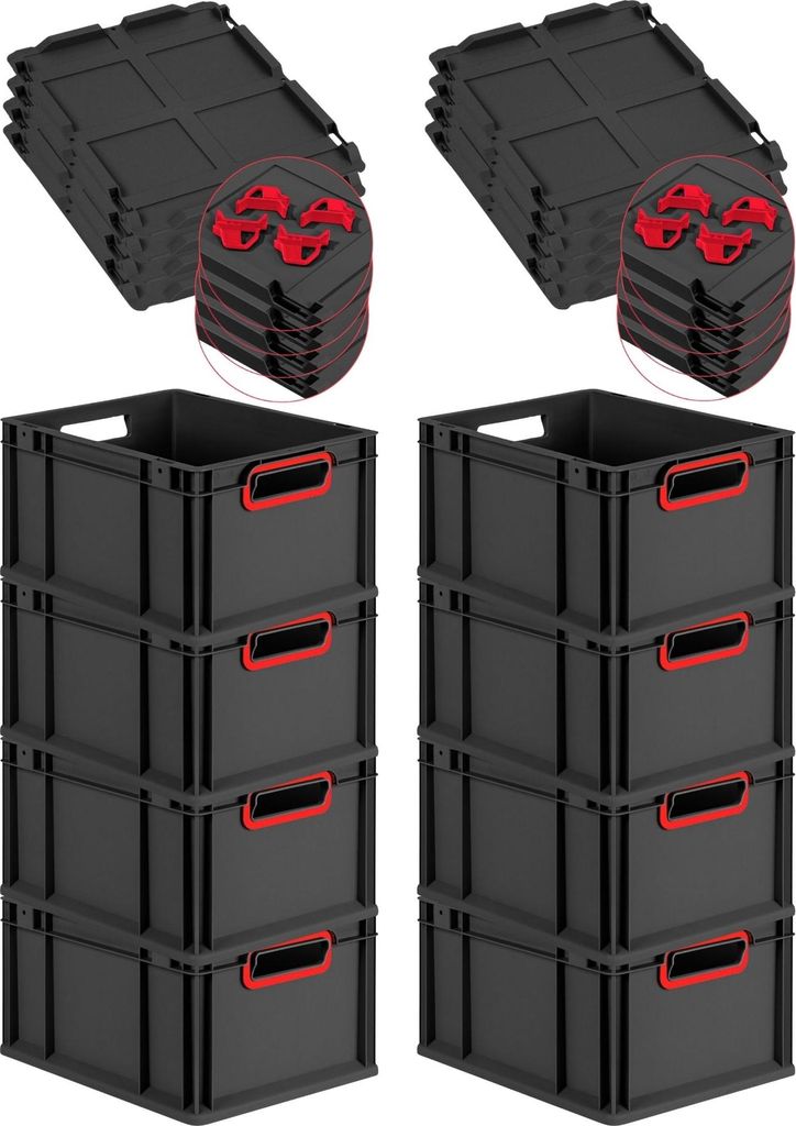 SuperSparSet 8x Eurobox NextGen Color mit Auflagedeckel und Schiebeschnappverschlüsse | HxBxT 22x30x40cm | 20 Liter | Schwarz | Griffe rot offen |...