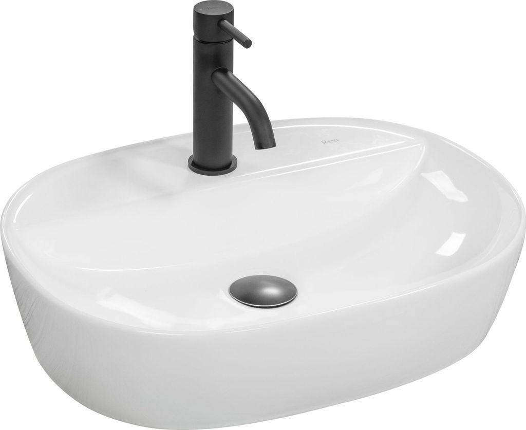 A white oval countertop sink with a black faucet and a gray drain.