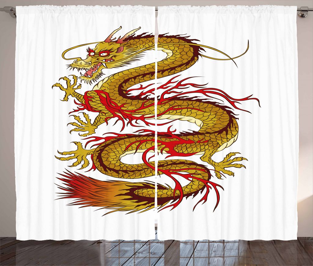 ABAKUHAUS Drachen Rustikaler Vorhang, Fiery Character, Wohnzimmer Universalband Gardinen mit Schlaufen und Haken, 280 x 245 cm, Senf Vermilion Brown