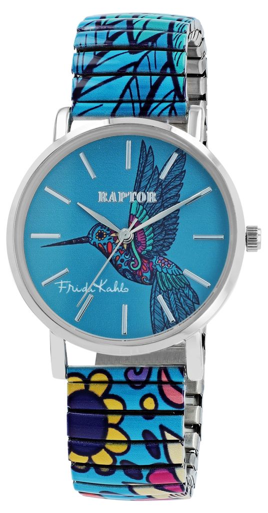 A close-up studio shot of a women's wristwatch with a blue hummingbird and floral design.