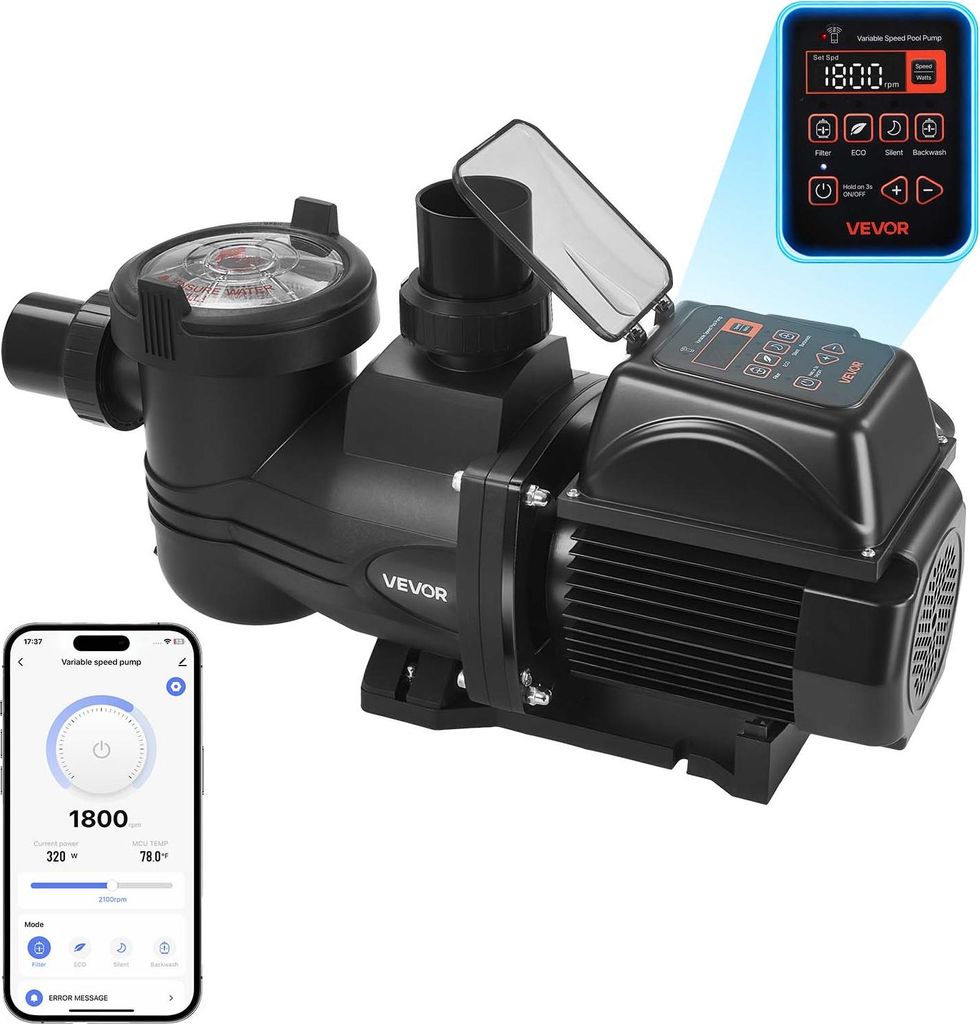 VEVOR Schwimmbadpumpe 33.000 L/h, mit Variabler Drehzahl, 17 m Förderhöhe, 1.650 W, Einbau-/Aufstellpoolpumpe mit Filterkorb, Filterpumpe Selbsta...