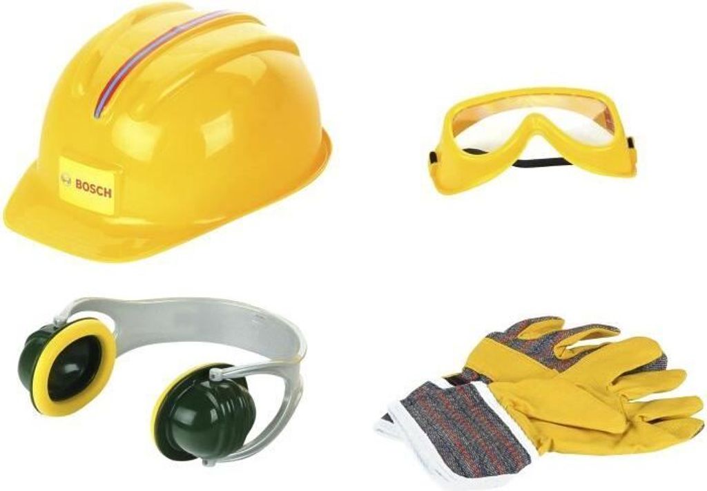 Bosch Werkzeug Zubehör Set mit Helm, 4 Teile, Rollenspiel, Ab 3 Jahren, Klein