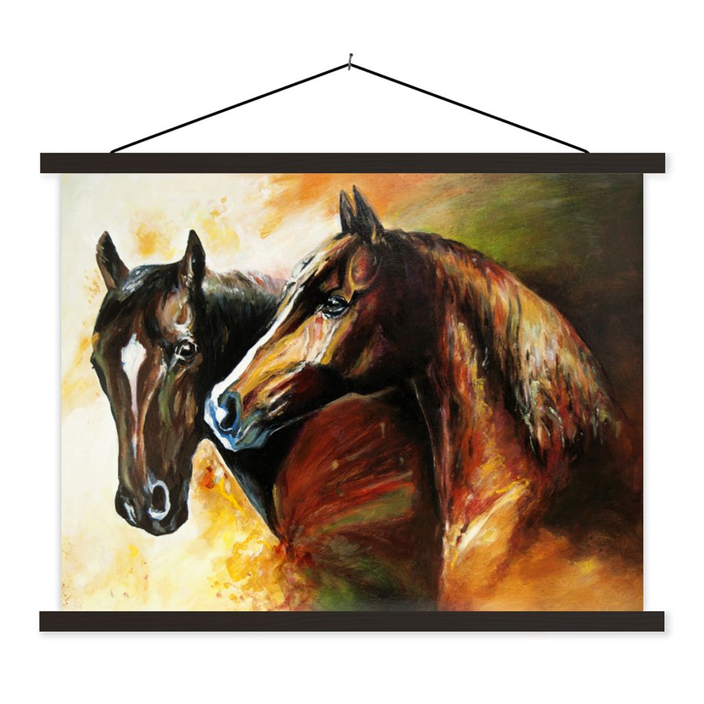 MuchoWow Textilposter Malerei - Pferde - Tiere - Ölgemälde 60x45 cm mit schwarzem Rahmen - Poster Schlafzimmer