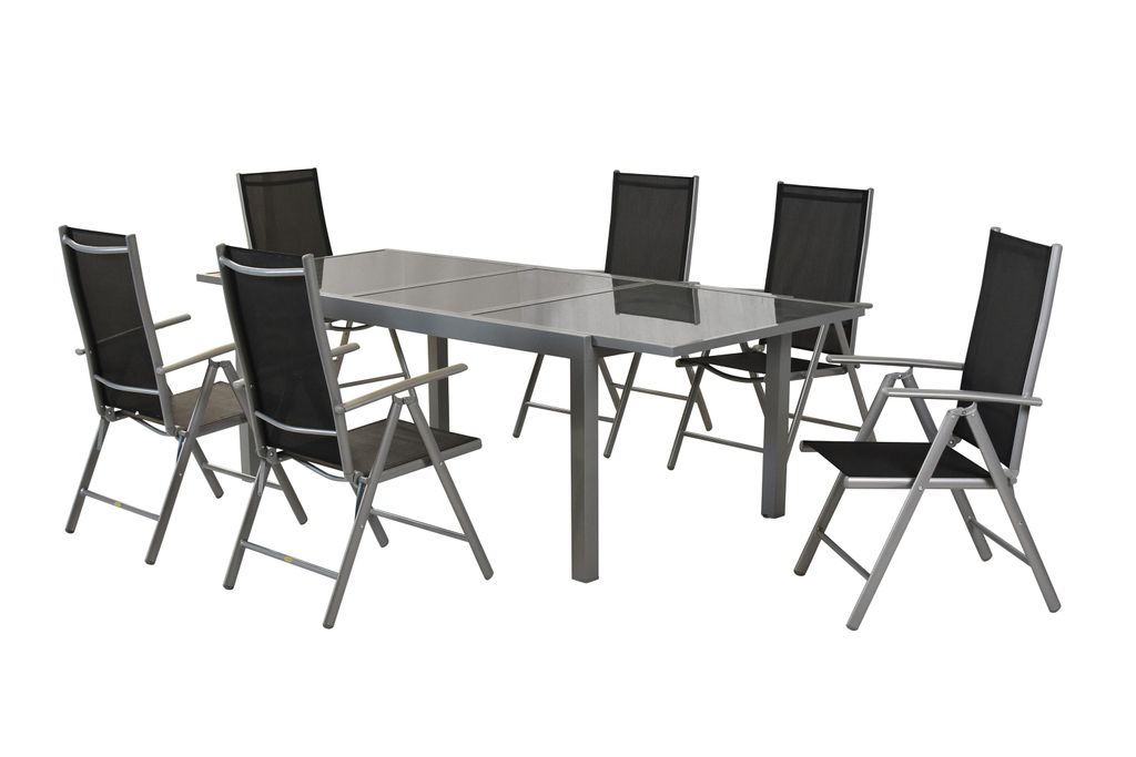 A set of outdoor furniture, including a table and six chairs, displayed on a white background.