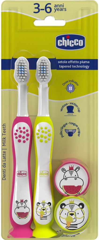 Chicco Kinderzahnbürsten Set 3-6 Jahre, Motiv: Hippo & Panda, 2er Pack