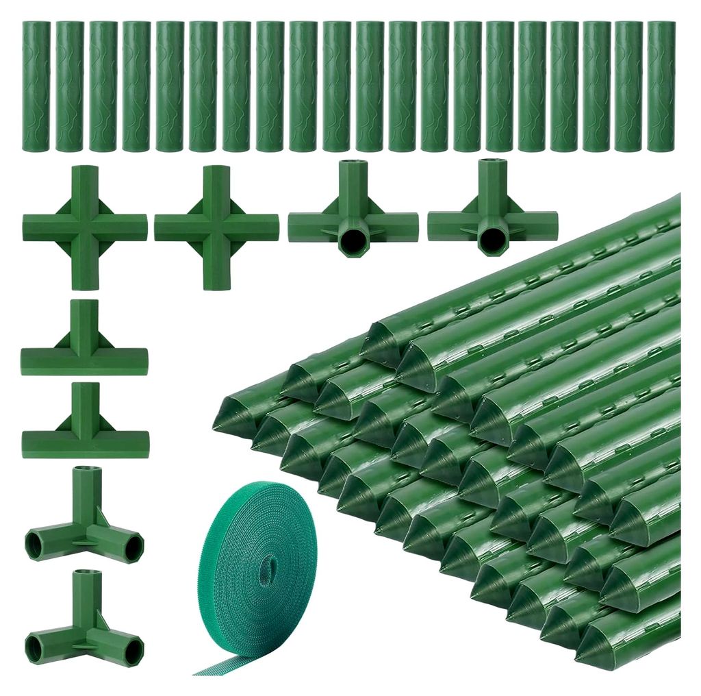 30 Stück Pflanzstäbe Rankhilfe Set, Kunststoffbeschichtetes Stahlrohr rostfrei, 40 cm, mit 28 Verbindern und 1 Pflanzenbinder 5 m, Rankstäbe zur...