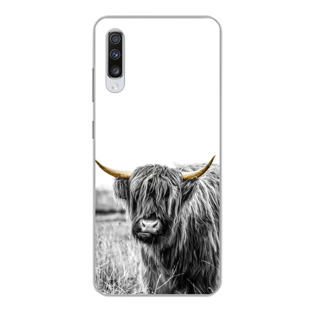 MuchoWow Handyhülle Schutzhülle Hülle für Samsung Galaxy A70 Schottischer Highlander - Gold - Schwarz - Weiß Silikon Softcase Handy Hülle -...
